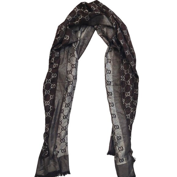 Gucci Vintage Brown & Silver Reversible Monogram Shawl Wrap Scarf - Picture 1 of 14